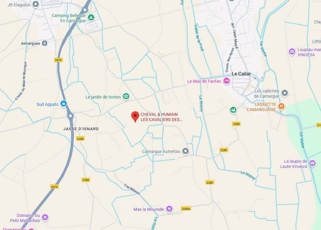 Carte Camargue : Le Cailar, Aimargues, Jasse d'Isnard. Site "Cheval & Humain Les Cavaliers..." près des D979, D288, Le Rhôny.