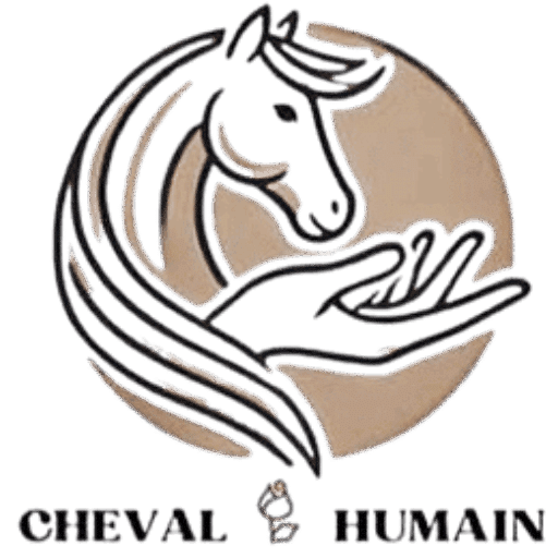 Logo "Cheval Humain": une tête de cheval stylisée en vert et une main humaine sur un cercle beige, symbolisant le soutien équin.