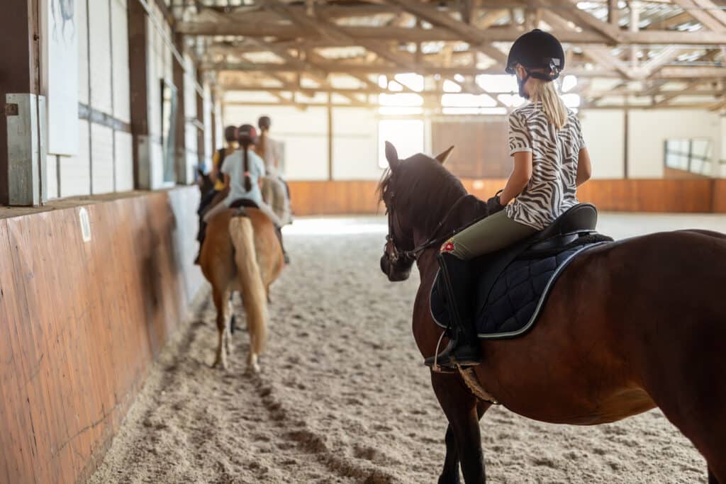 Cavalière blonde en casque sur cheval brun dans un manège. Elle porte une chemise zébrée. D'autres cavaliers suivent un cours.